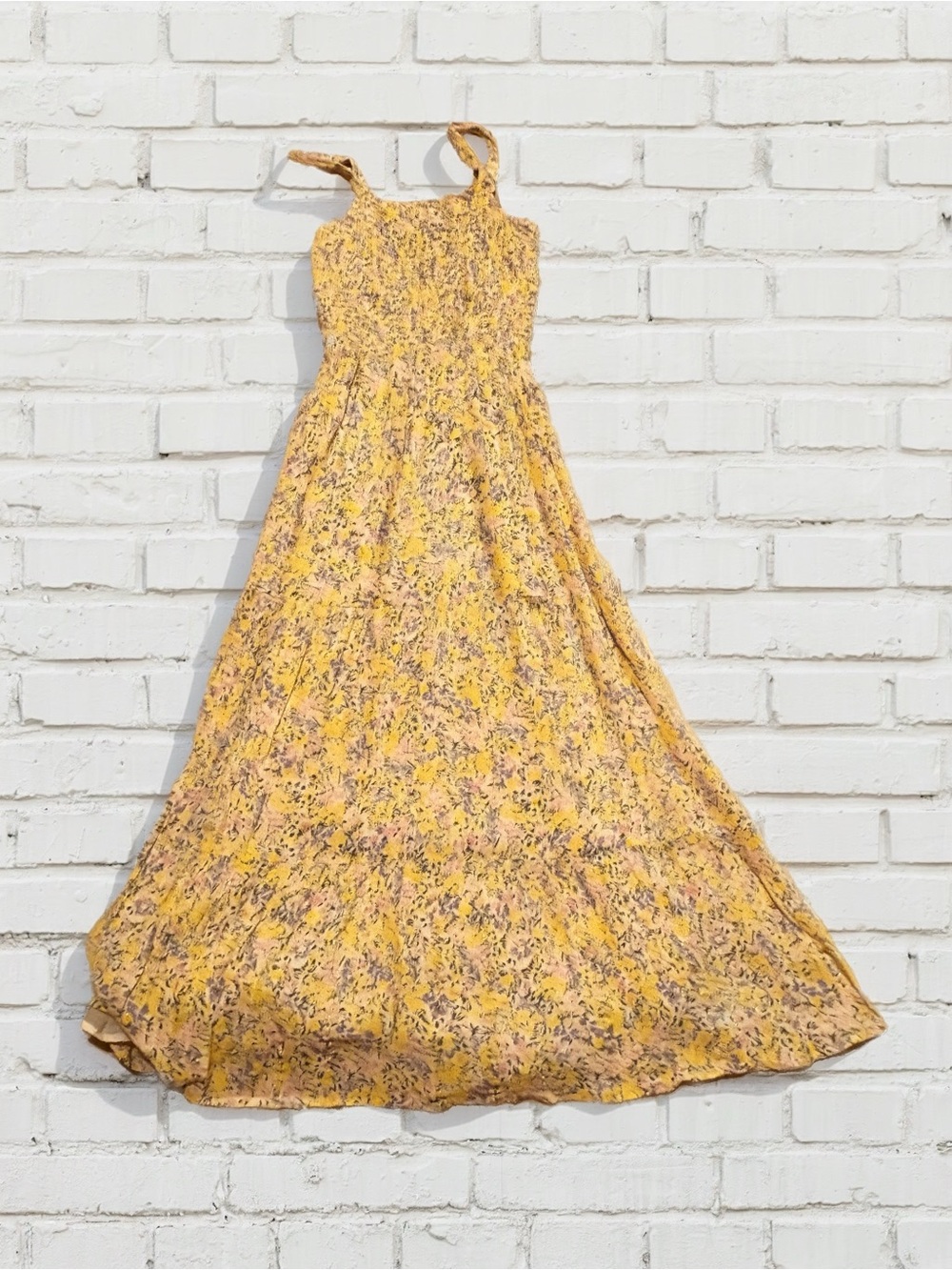 Dex Cottagecore 100% Cotton Smocked Yellow Purple and Pink Floral Maxi Dress
